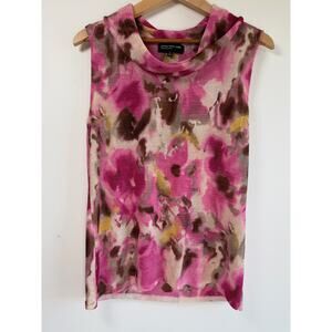 Jones New York Abstract Floral Sleeveless Knit Cowl Neck Top Shirt Pink Brown M